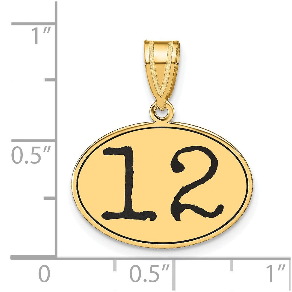 14K Gelbgold Polierter Anhänger Zahl 12 Oval mit schwarzer Emaille