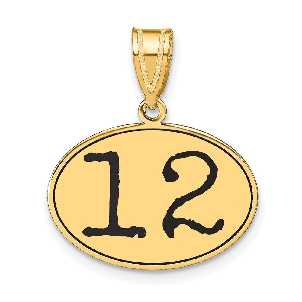 14K Gelbgold Polierter Anhänger Zahl 12 Oval mit schwarzer Emaille