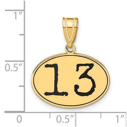 14K Gelbgold Polierter Anhänger Zahl 13 Oval mit schwarzer Emaille