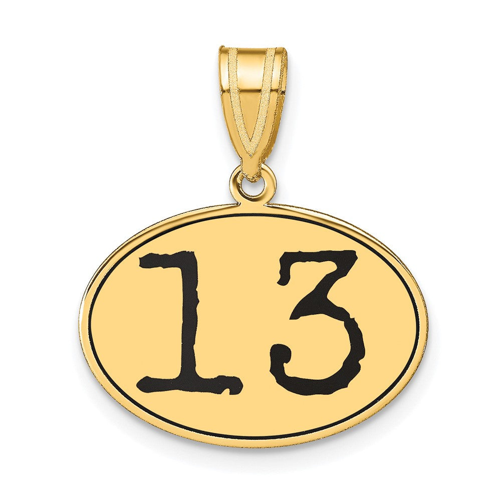 14K Gelbgold Polierter Anhänger Zahl 13 Oval mit schwarzer Emaille