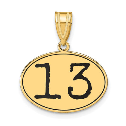 14K Gelbgold Polierter Anhänger Zahl 13 Oval mit schwarzer Emaille