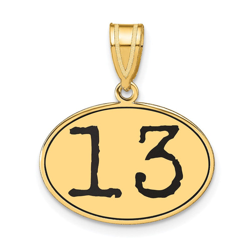 14K Gelbgold Polierter Anhänger Zahl 13 Oval mit schwarzer Emaille