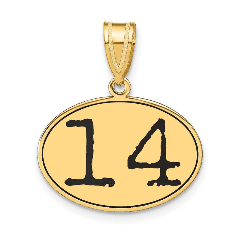 14K Gelbgold Anhänger, oval, poliert, Zahl 14, schwarz emailliert