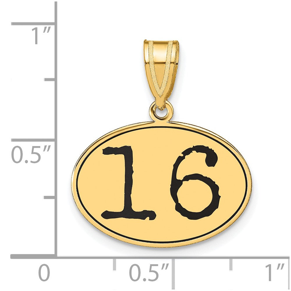 14K Gelbgold Polierter Anhänger Nummer 16 mit schwarzer Emaille, oval