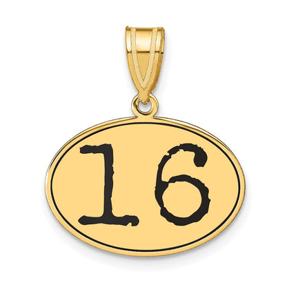 14K Gelbgold Polierter Anhänger Nummer 16 mit schwarzer Emaille, oval
