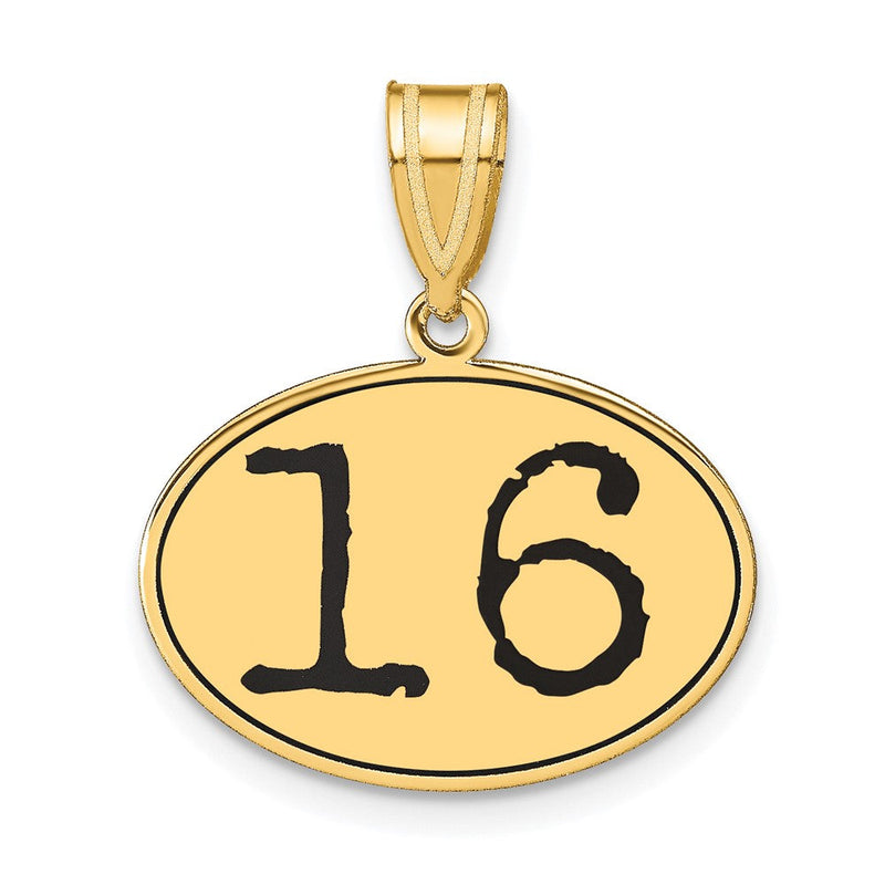 14K Gelbgold Polierter Anhänger Nummer 16 mit schwarzer Emaille, oval