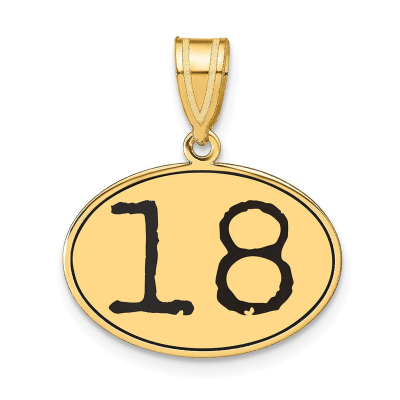 14K Gelbgold Anhänger, oval, poliert, mit schwarzem Emaille-Dekor Zahl 18