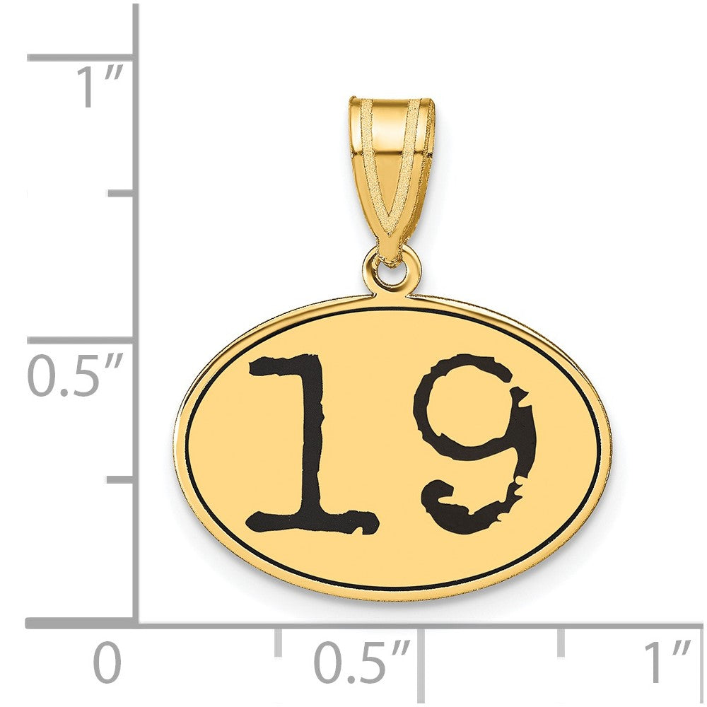 14K Gelbgold Anhänger, oval, poliert, mit schwarzer Emaille-Zahl „19“