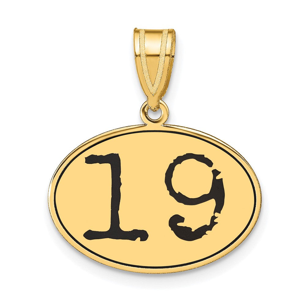 14K Gelbgold Anhänger, oval, poliert, mit schwarzer Emaille-Zahl „19“