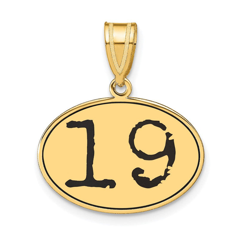 14K Gelbgold Anhänger, oval, poliert, mit schwarzer Emaille-Zahl „19“