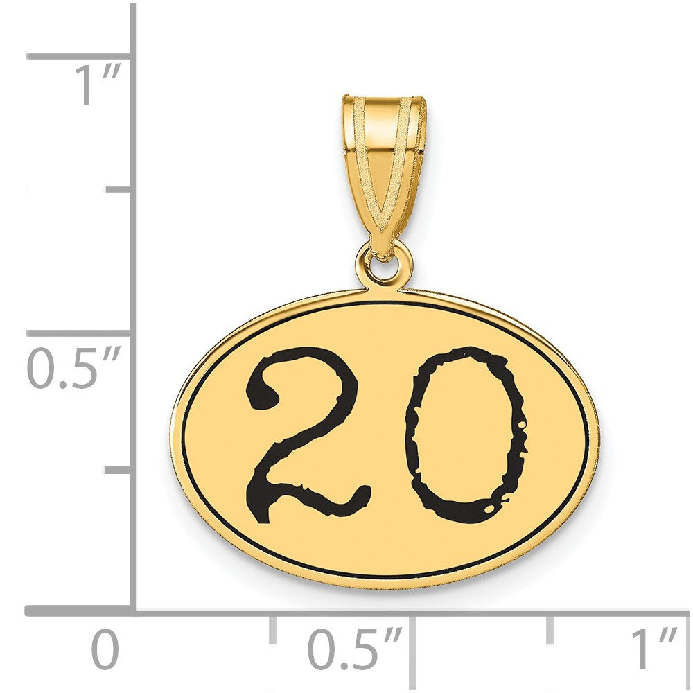 14K Gelbgold Poliert Zahl 20 Schwarz Emaille Oval Anhänger