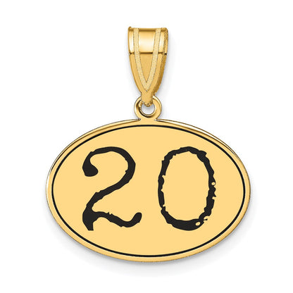 14K Gelbgold Poliert Zahl 20 Schwarz Emaille Oval Anhänger