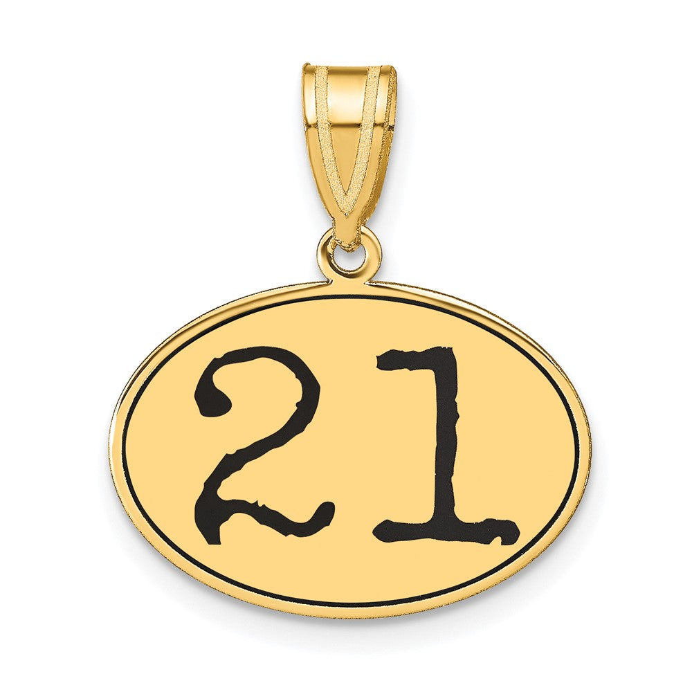 14K Gelbgold Anhänger, oval, poliert, mit schwarzer Emaille-Zahl „21