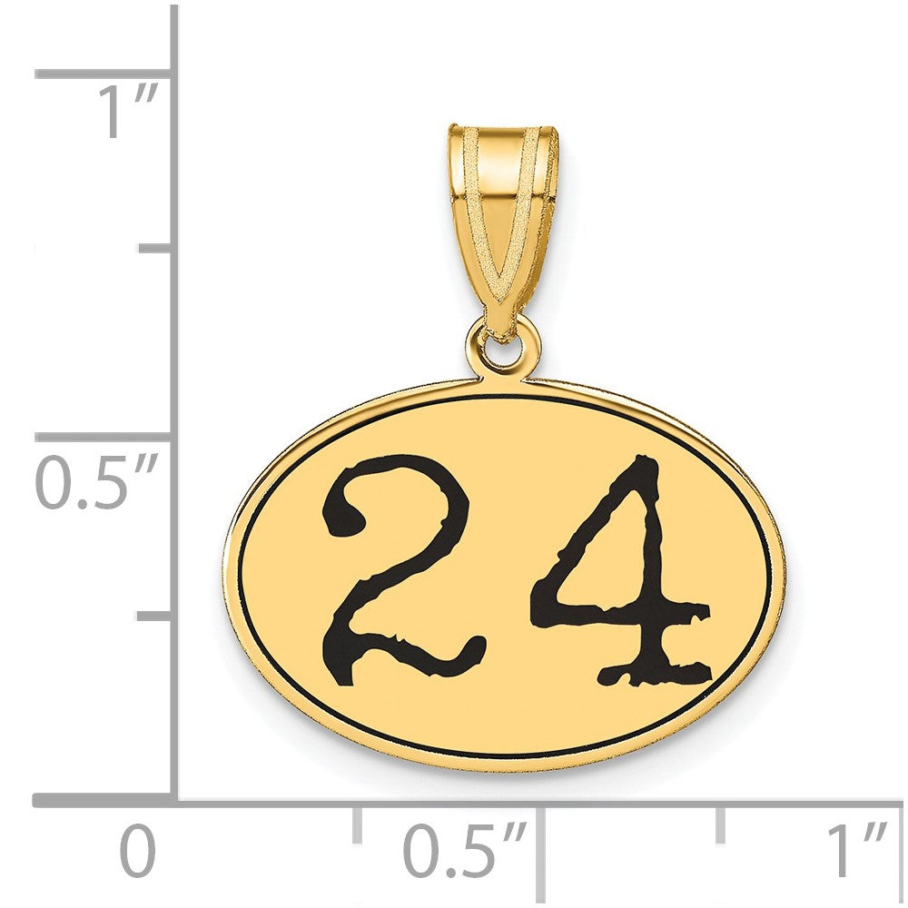 14K Gelbgold Polierter Anhänger Oval mit Zahl 24 in schwarzer Emaille