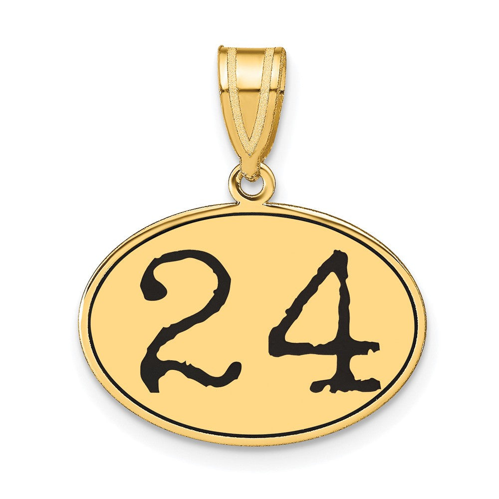 14K Gelbgold Polierter Anhänger Oval mit Zahl 24 in schwarzer Emaille