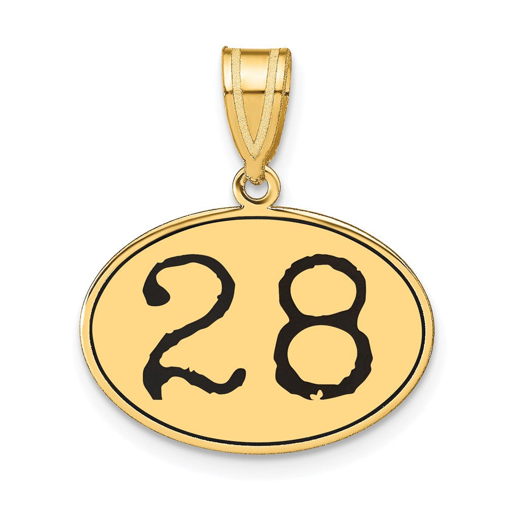 14k Gelbgold polierter Anhänger Nummer 28 mit schwarzer Emaille, oval