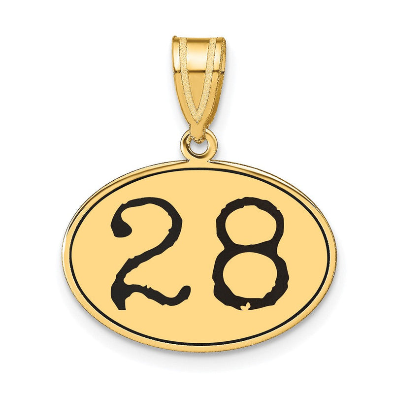 14k Gelbgold polierter Anhänger Nummer 28 mit schwarzer Emaille, oval