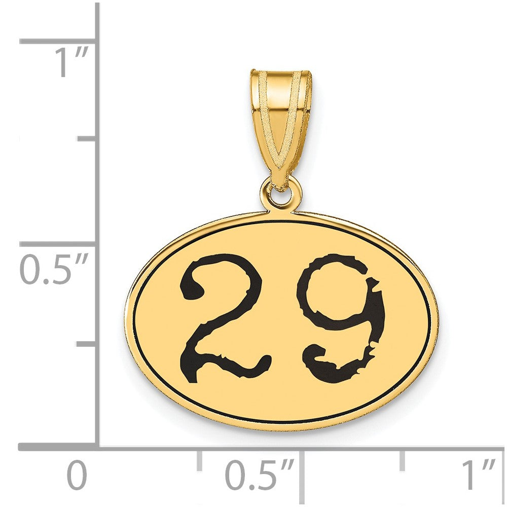14K Gelbgold Poliert Zahl 29 Anhänger Oval mit schwarzer Emaille