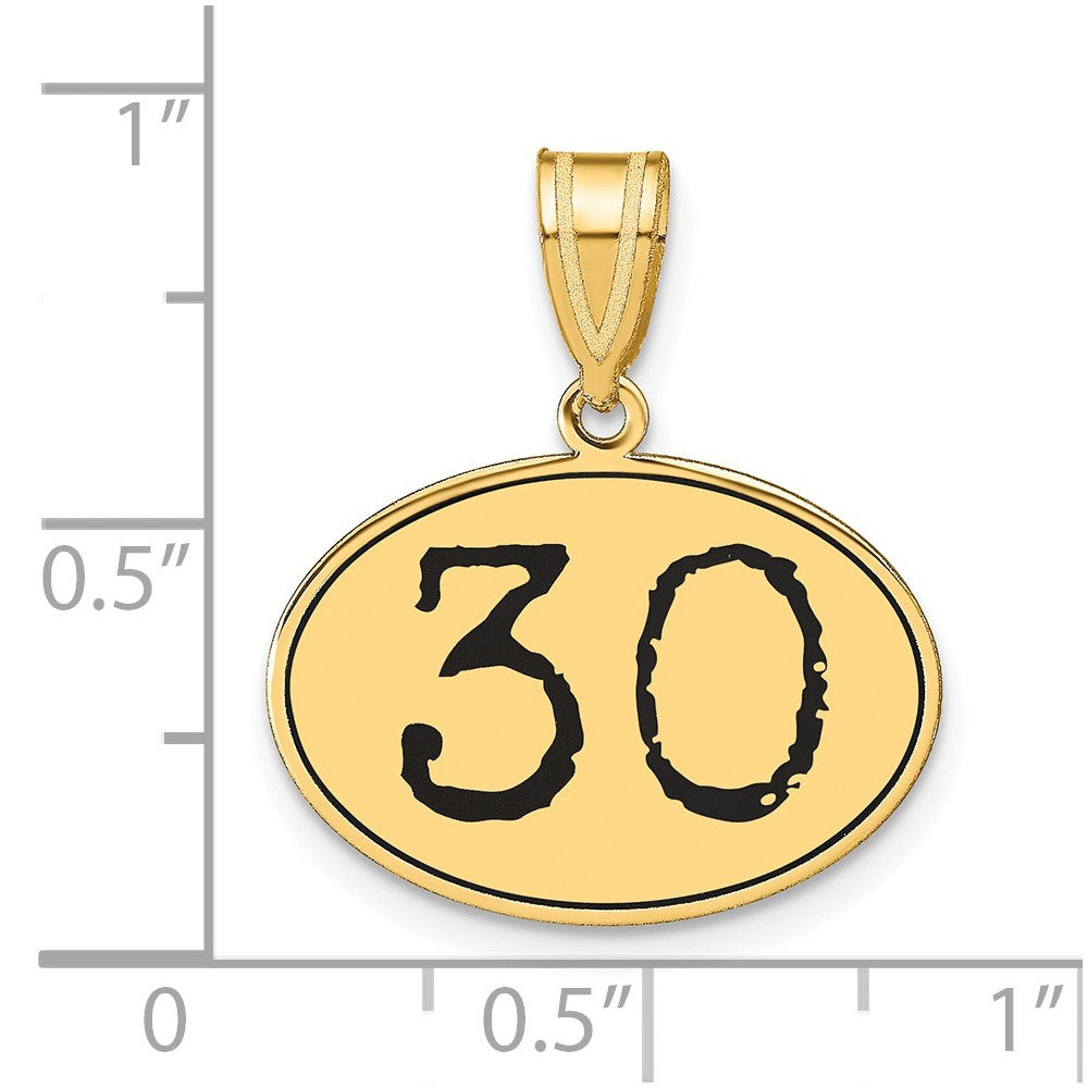 14K Gelbgold Anhänger, oval, poliert, mit schwarzem Emaille, Zahl 30