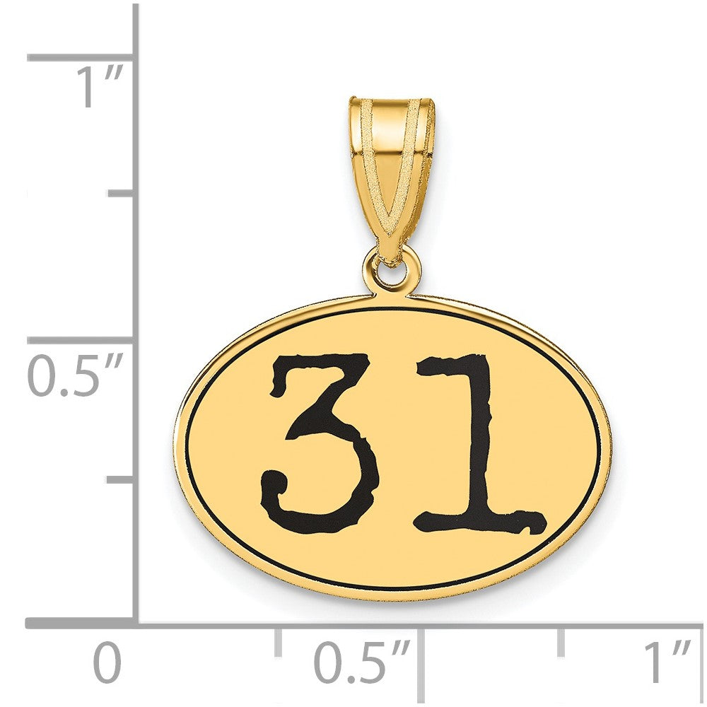 14K Gelbgold Polierter Anhänger Oval mit Zahl 31 in Schwarzer Emaille