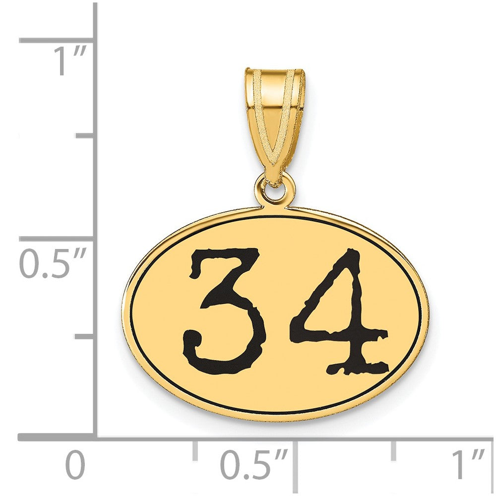 14K Gelbgold Polierter Anhänger Nummer 34 Oval mit schwarzem Emaille