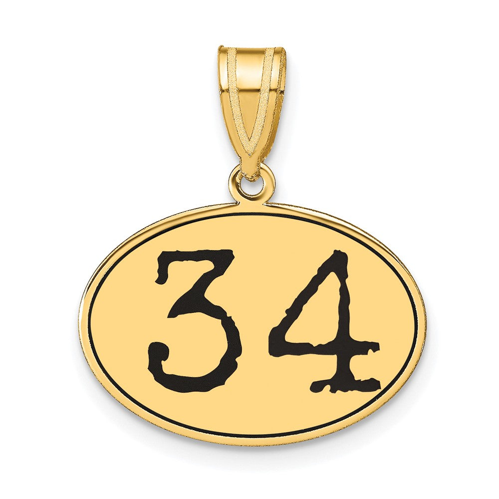 14K Gelbgold Polierter Anhänger Nummer 34 Oval mit schwarzem Emaille