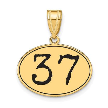 14K Gelbgold Polierter Anhänger Oval Zahl 37 mit schwarzem Emaille
