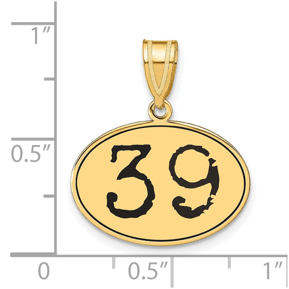 14K Gelbgold Polierter Anhänger Oval mit Nummer 39 Schwarzer Emaille