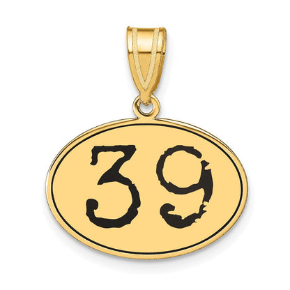 14K Gelbgold Polierter Anhänger Oval mit Nummer 39 Schwarzer Emaille