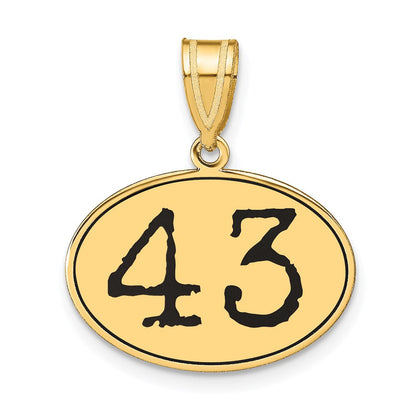 14k Gelbgold Poliert Zahl 43 Schwarz Emaille Oval Anhänger