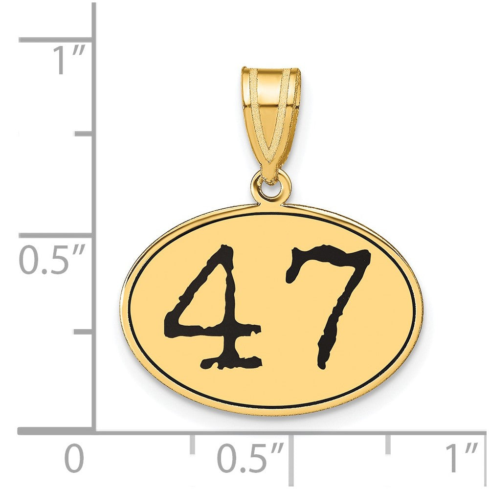 14k Gelbgold Poliert Zahl 47 Anhänger Oval mit schwarzem Emaille