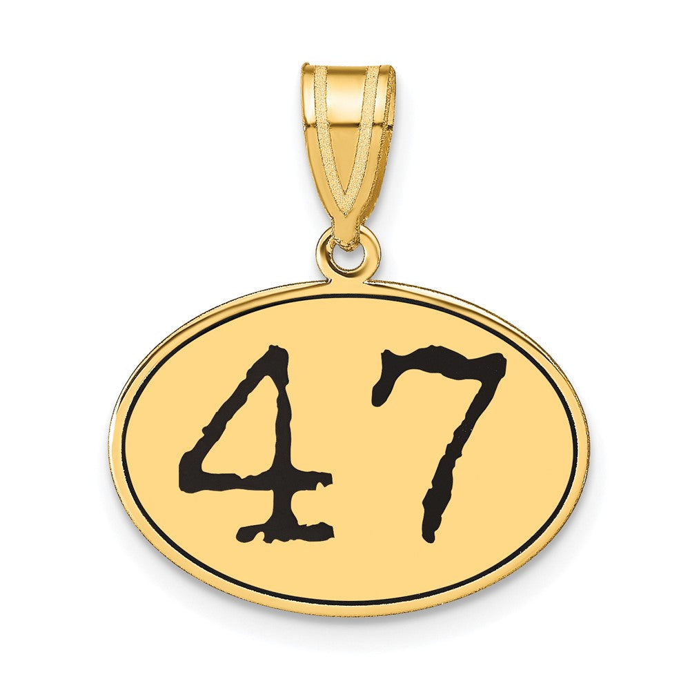 14k Gelbgold Poliert Zahl 47 Anhänger Oval mit schwarzem Emaille