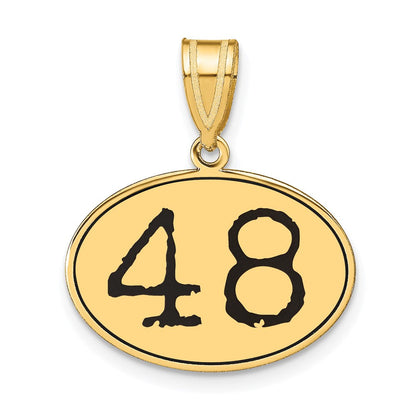 14K Gelbgold Polierter Anhänger Oval mit Zahl 48 und Schwarzer Emaille
