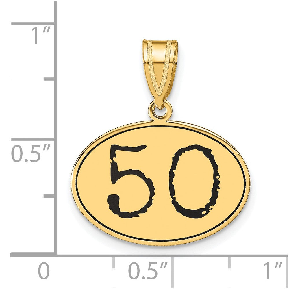 14K Gelbgold Poliert Zahl 50 Schwarz Emaille Oval Anhänger