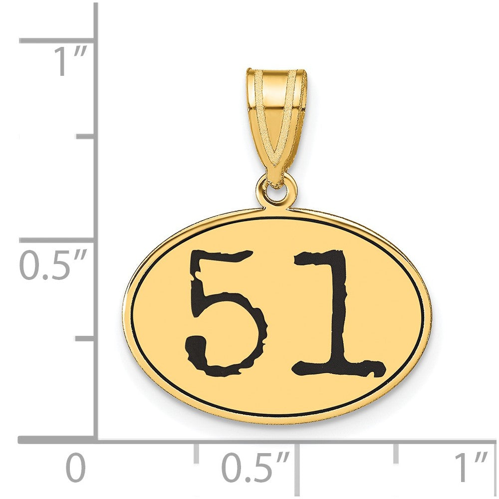 14K Gelbgold Poliert Anhänger Oval mit Zahl 51 und schwarzer Emaille