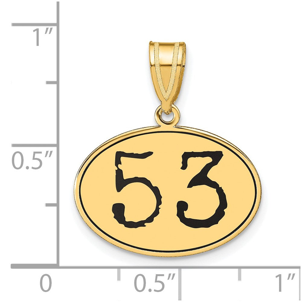 14K Gelbgold Polierter Ovaler Anhänger mit Zahl 53 in schwarzer Emaille