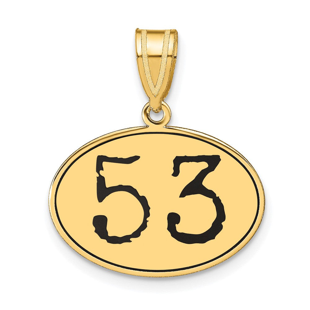 14K Gelbgold Polierter Ovaler Anhänger mit Zahl 53 in schwarzer Emaille