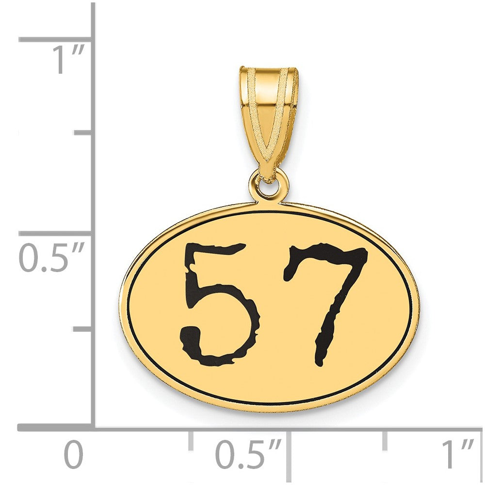 14K Gelbgold Polierter Anhänger Zahl 57 Oval mit Schwarzer Emaille