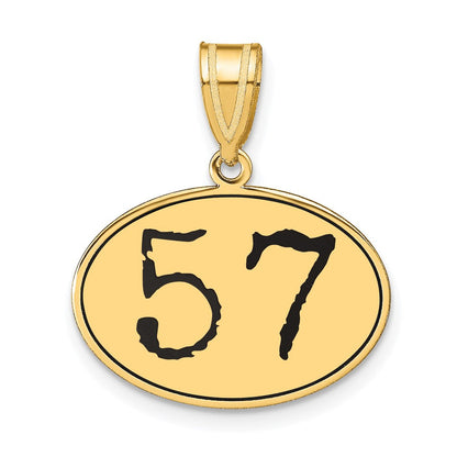 14K Gelbgold Polierter Anhänger Zahl 57 Oval mit Schwarzer Emaille