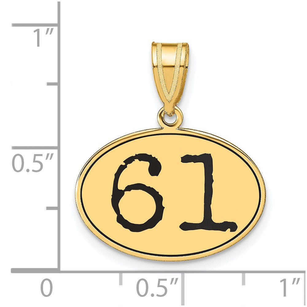 14K Gelbgold Polierter Anhänger Oval mit schwarzer Emaille „Zahl 61“