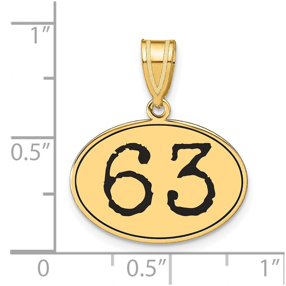 14k Gelbgold Polierter Zahl-63-Anhänger, oval, mit schwarzem Emaille