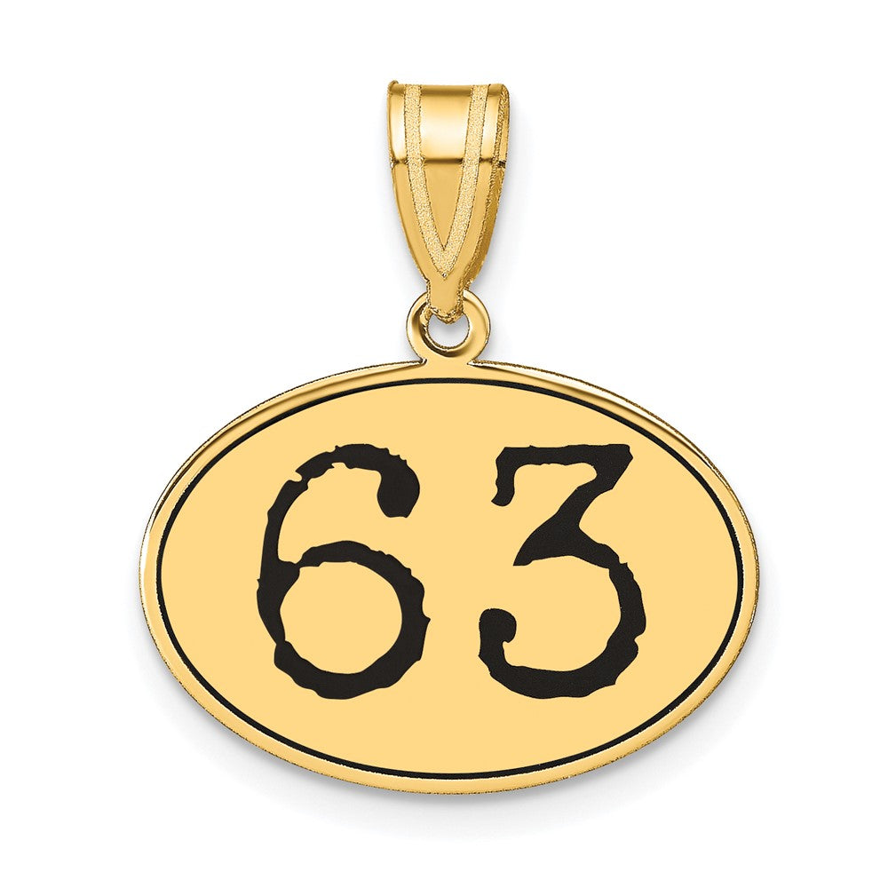 14k Gelbgold Polierter Zahl-63-Anhänger, oval, mit schwarzem Emaille