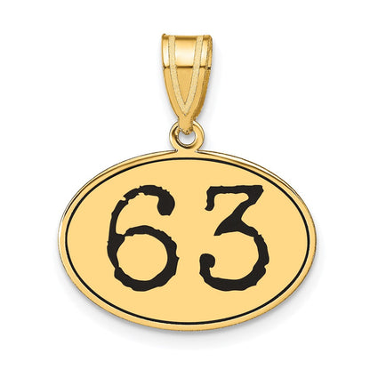 14k Gelbgold Polierter Zahl-63-Anhänger, oval, mit schwarzem Emaille