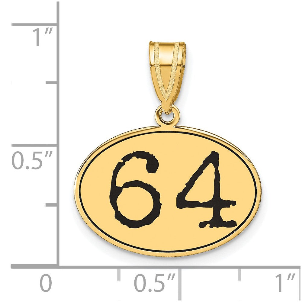 14K Gelbgold Poliert Zahl 64 Anhänger Oval mit schwarzem Emaille