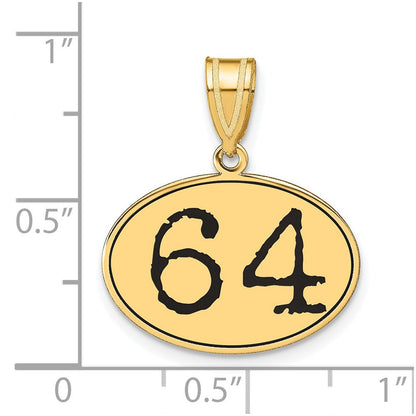 14K Gelbgold Poliert Zahl 64 Anhänger Oval mit schwarzem Emaille