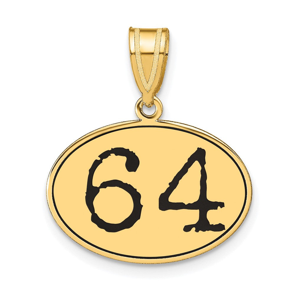 14K Gelbgold Poliert Zahl 64 Anhänger Oval mit schwarzem Emaille