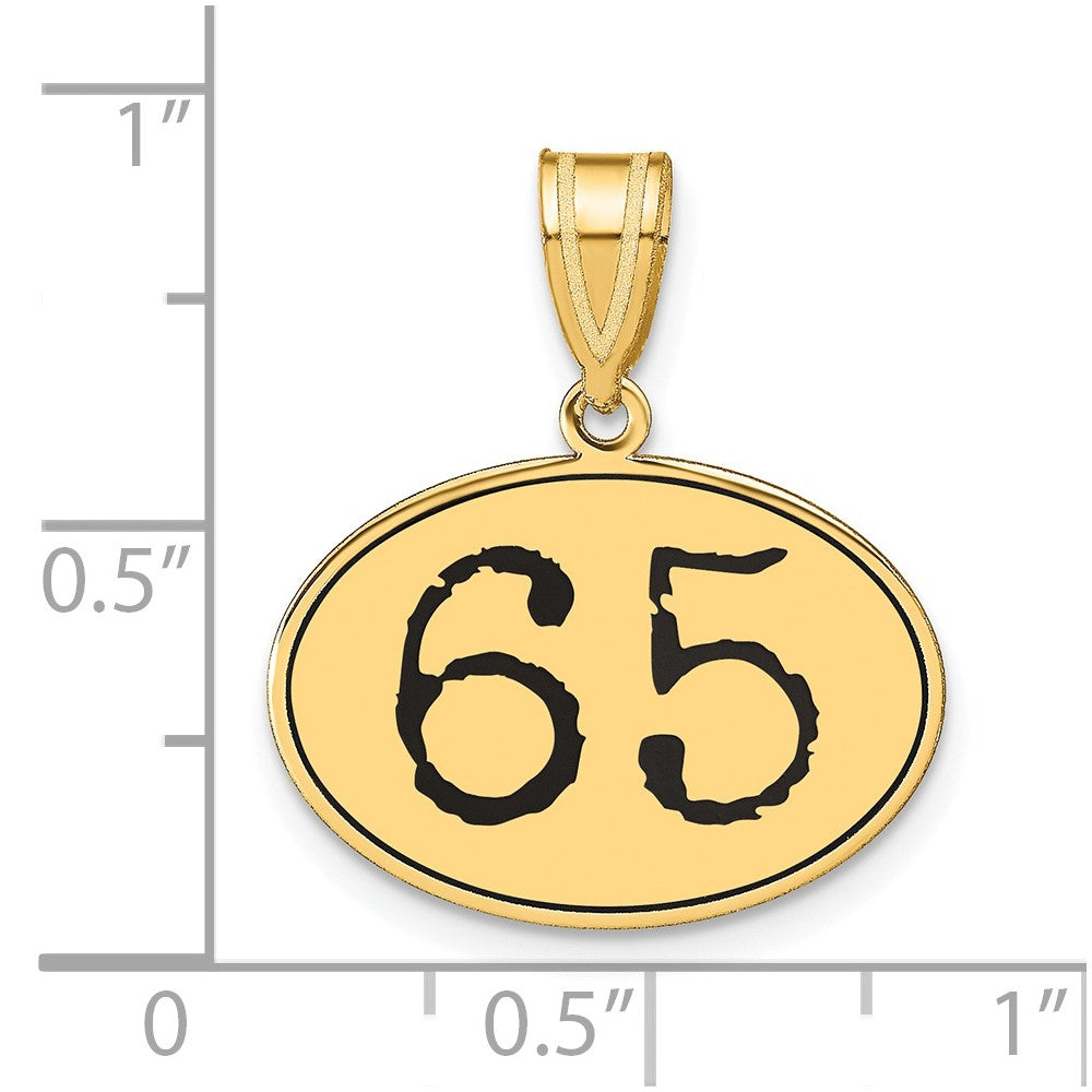14K Gelbgold Poliert Zahl 65 Anhänger Oval mit Schwarzer Emaille
