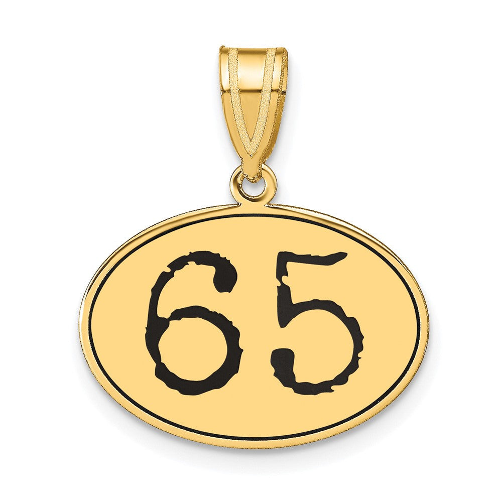 14K Gelbgold Poliert Zahl 65 Anhänger Oval mit Schwarzer Emaille
