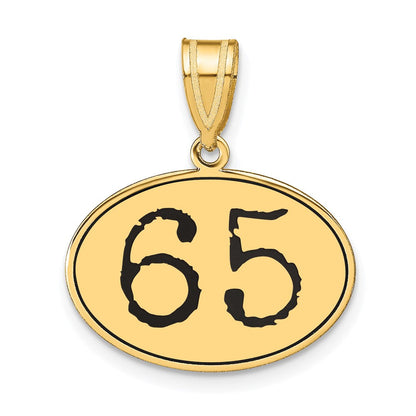 14K Gelbgold Poliert Zahl 65 Anhänger Oval mit Schwarzer Emaille