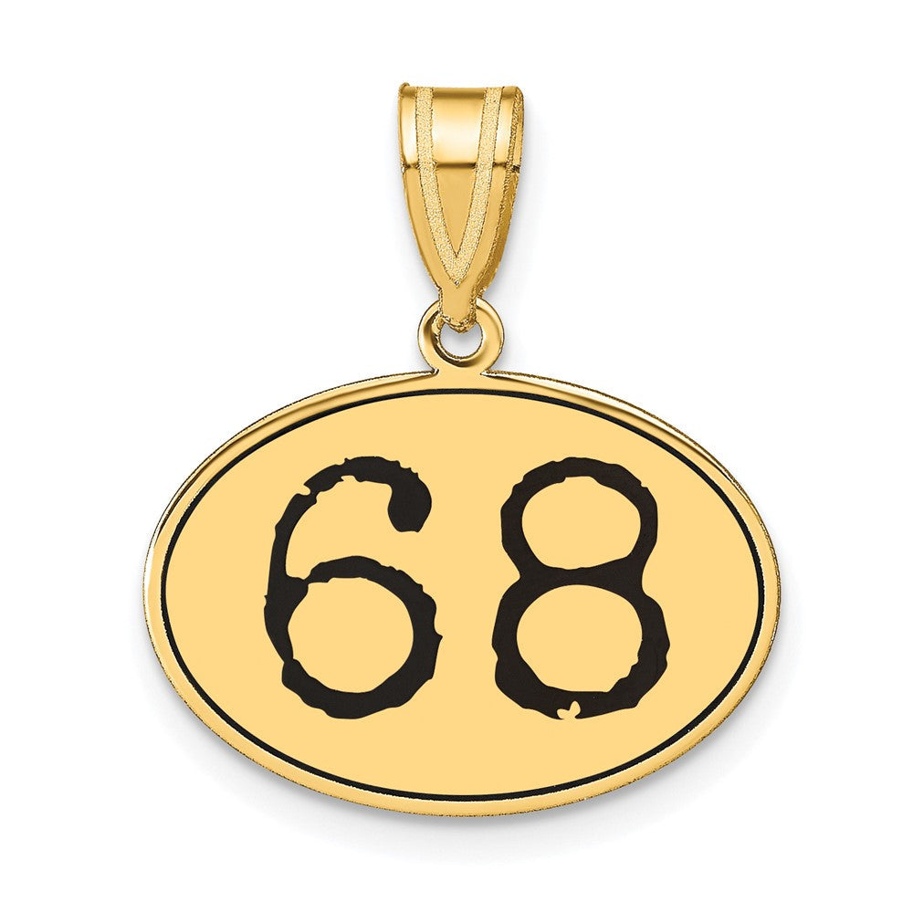 14K Gelbgold Polierter Ovaler Anhänger Nummer 68 mit schwarzer Emaille